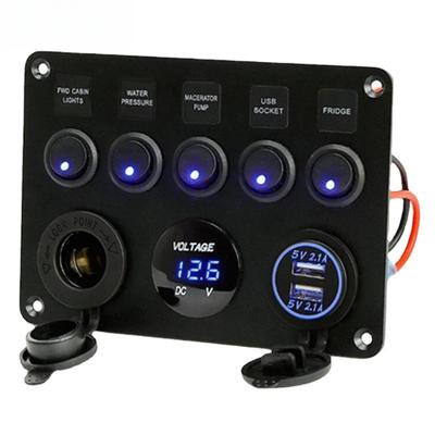 Bootsschalttafel Auto-Schalttafel Wasserdichtes Digitalvoltmeter Dual-USB-Anschluss 12-V-Steckdosenkombination Marine-LED-Wippschalter 5-Gang