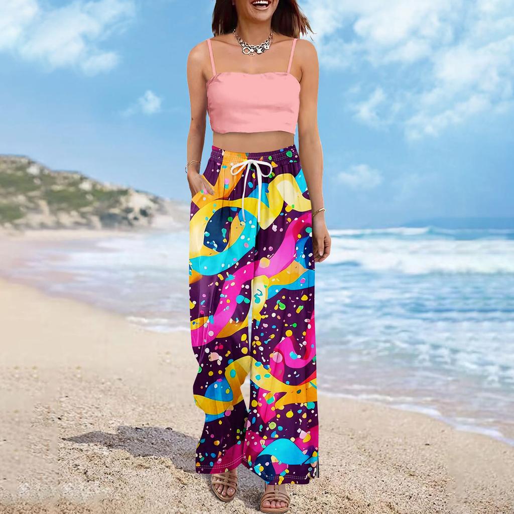 Damskie letnie spodnie boho palazzo z wysokim stanem i szerokimi nogawkami, z nadrukiem, swobodne spodnie z kieszeniami