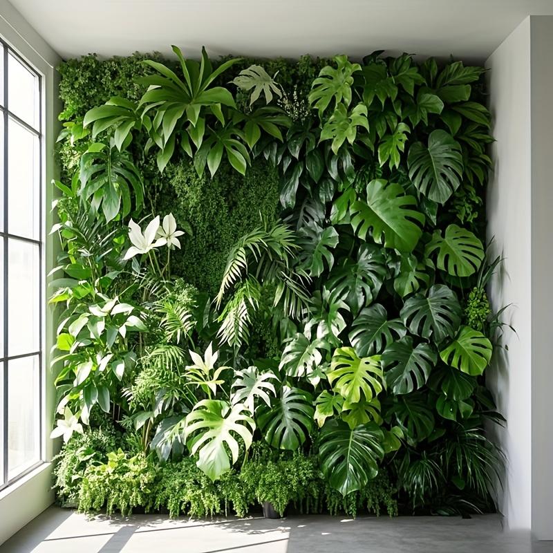 1-Pack Artificial Green Plant Wall Panel with Monstera & Palm Leaves - Wooden Fence Design for Indoor/Outdoor Privacy, Home Decor, Natural Aesthetic