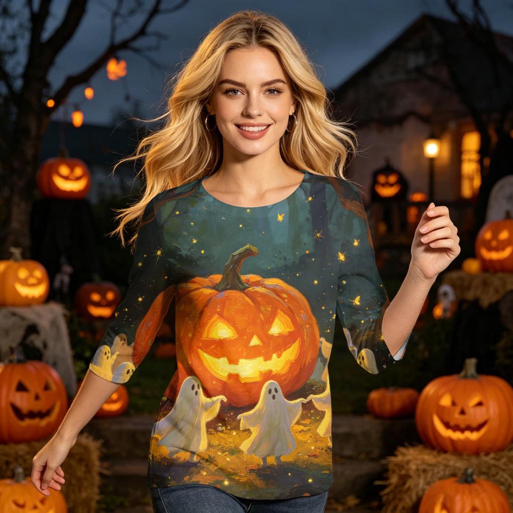 Women's Casual 3/4 Sleeve Halloween Print Pullover Shirt Round Neck Top Lightweight Soft Fabric Comfortable Fit