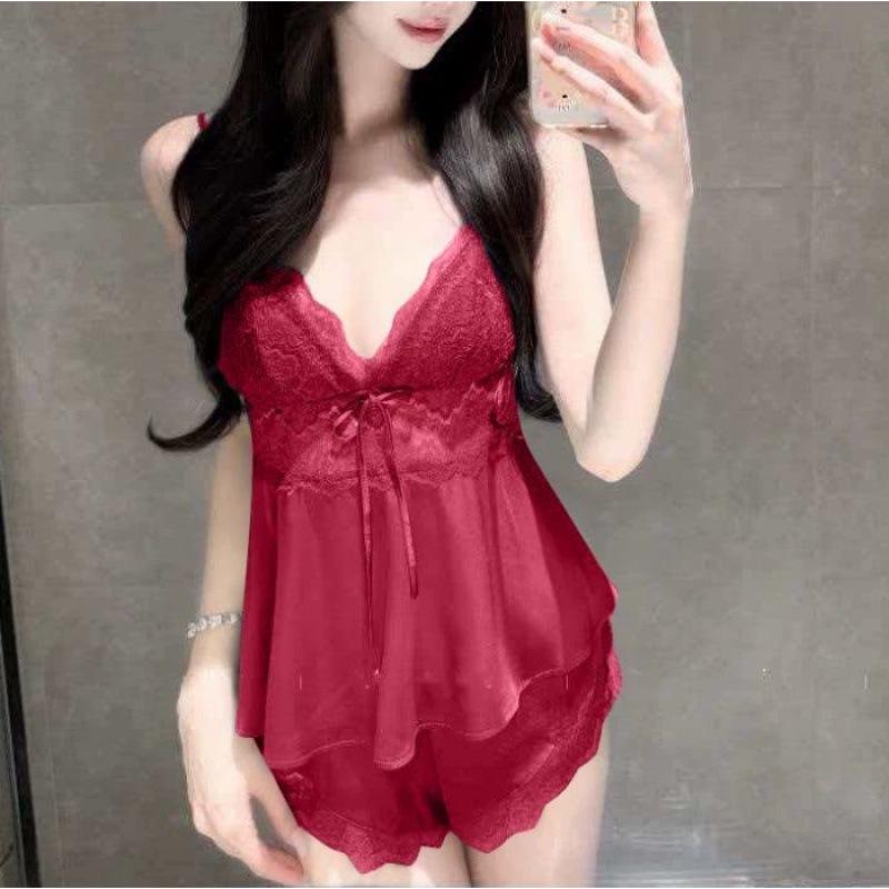 Women's Summer Ice Silk Lace Camisole and Shorts Set with Chest Pads
