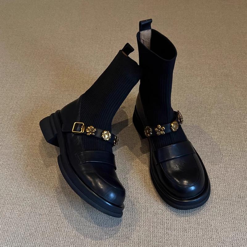 

Цветочные женские ботильоны на плоской подошве, дизайнерские вязаные туфли, модные готические ботинки 2025, новые зимние короткие носки для ходьбы, женские ботинки 40 чёрный