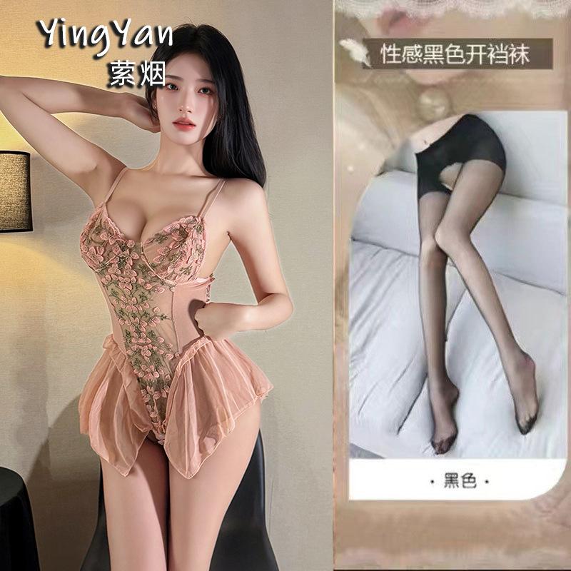 Sex underwear pure desire to avoid flowers and vines deep V-neck onesie sexy embroidered mesh tight suspender nightdress