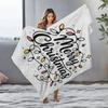 Handwritten Merry Christmas Fleece Blanket, Colorful Bulb and Star Pattern, Cozy White Throw for Holiday Couch Decor
