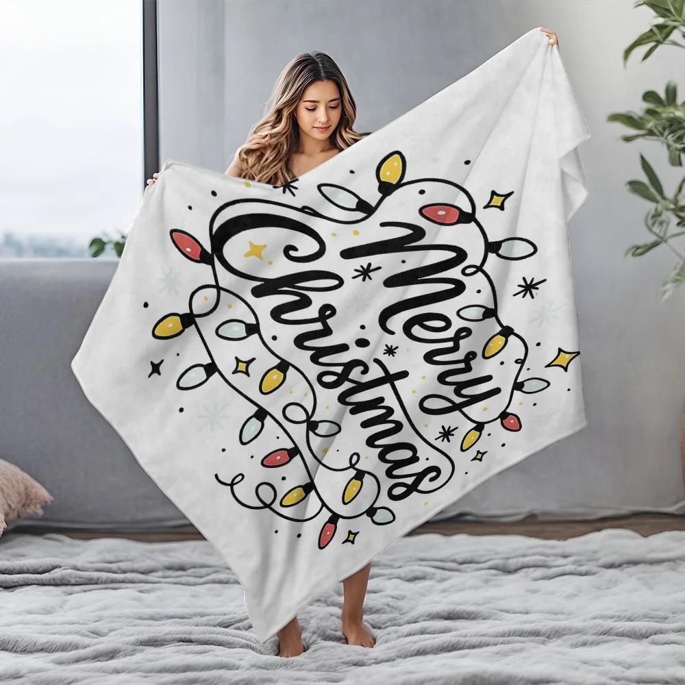 Handwritten Merry Christmas Fleece Blanket, Colorful Bulb and Star Pattern, Cozy White Throw for Holiday Couch Decor
