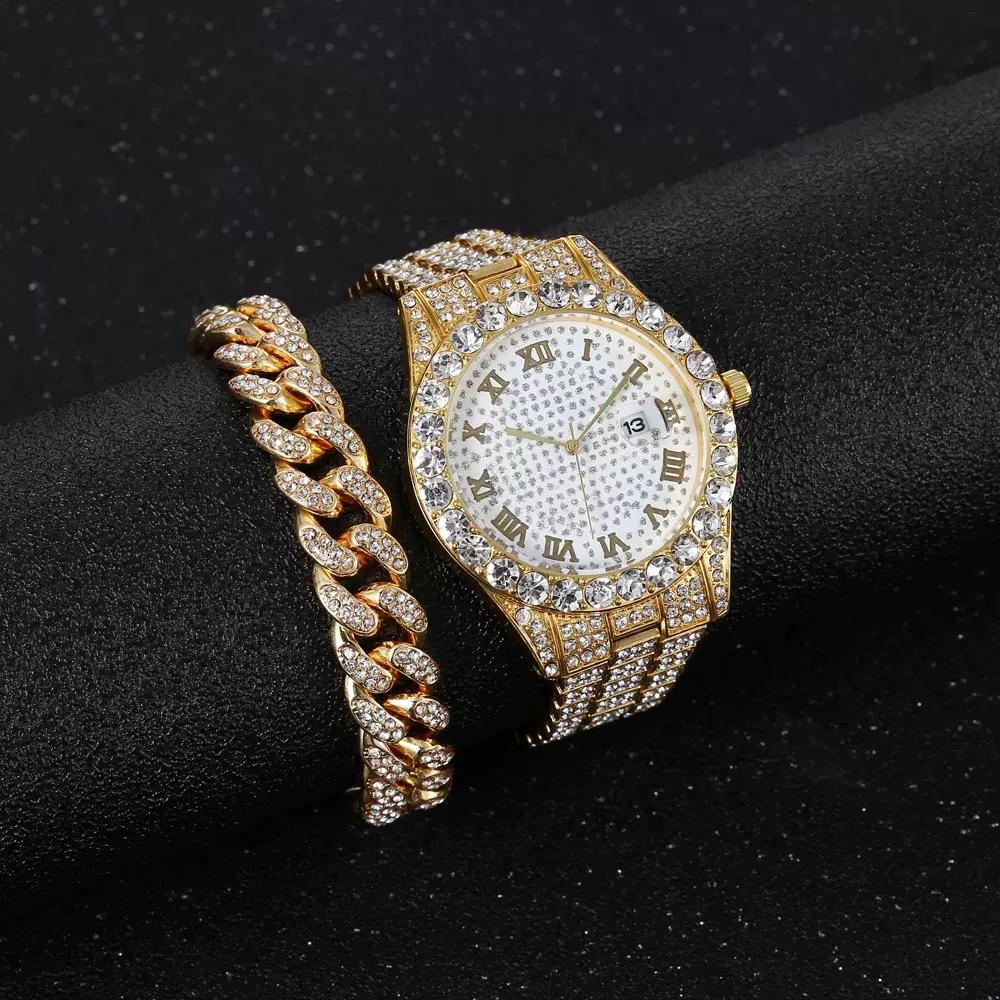 xiaomi 2pcs/set - Glitzy Rhinestone Watch & Cuban Link Bracelet Set - Sparkling Quartz Timepiece with Durable Steel Strap
