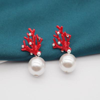 1 paio di orecchini a bottone a forma di corallo con perle finte, graziosi orecchini a bottone tutti abbinati
