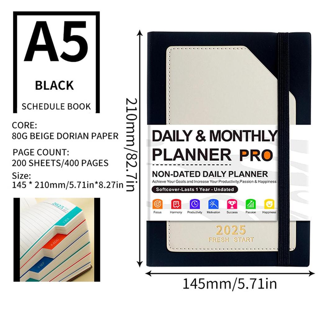 A5 leather 2025 business schedule book, English inner pages, student daily planner, 365-day record book, notepad, memo, 200 sheets