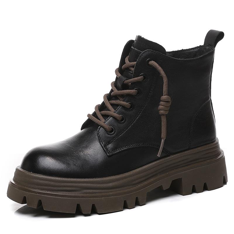 2025 Winter Shoes Women Genuine Leather Boots Warm Plush Thick Sole 4cm Non-slip Fashion Brand Ladies Ankle Boots Black