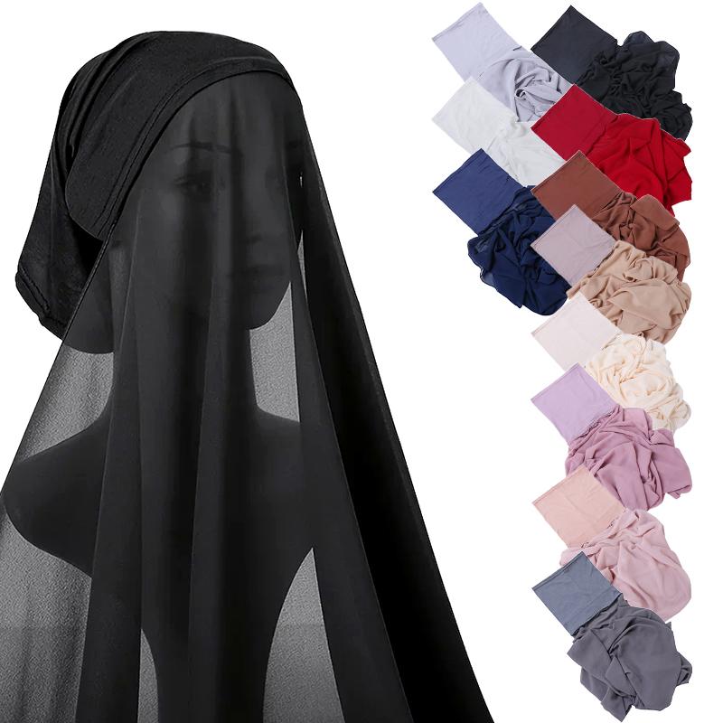 1Pc Muslim Shawl Scarf Chiffon Hijab Breathable Turban Head Wrap Women Solid Color Polyester With Inner Cap