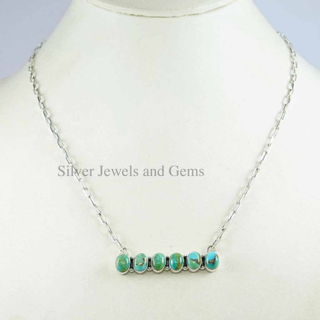 Natural Turquoise Bar Necklace, Birthday Necklace, 925 Sterling Silver Necklace, Multi Stone Necklace, Handmade Paper Clip Chain Necklace