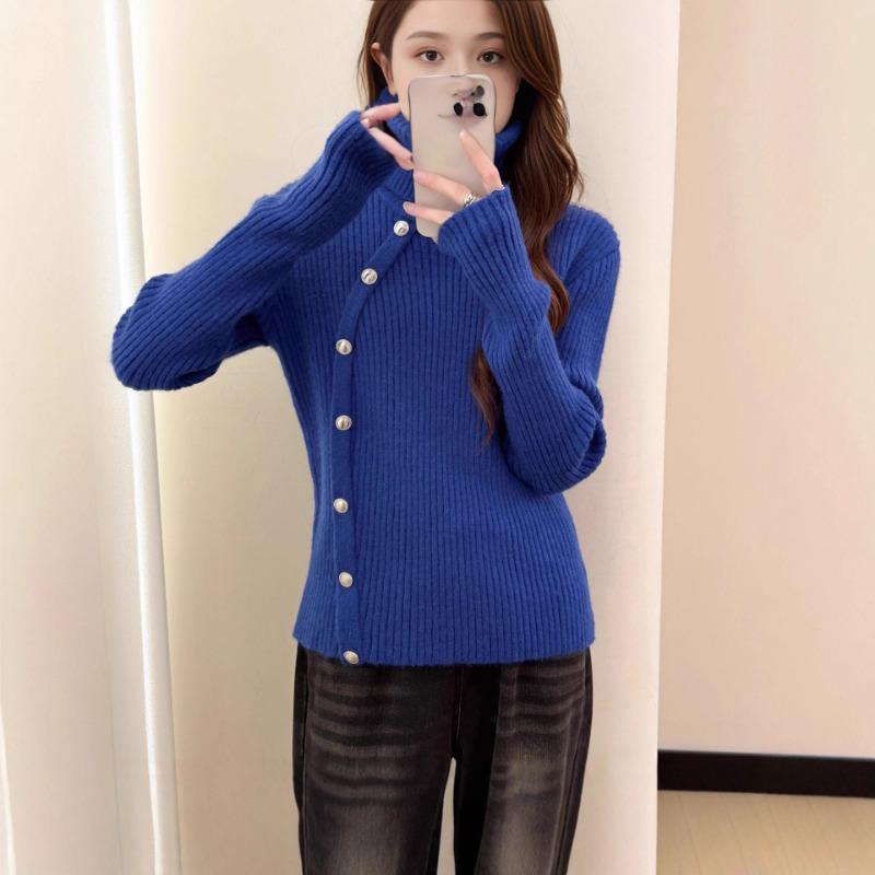 Autumn Winter High Collar Vintage Solid Bottomed Sweater Women Loose Casual Knitting All-match Button Pullover Top