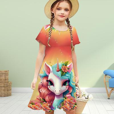 Mädchen 3D-Druck Niedlich Langhörniges Pferd Kleider Kinder Mädchen Party Kurzärmeliges Prinzessinnenkleid Tank 3D-Druck Kleid