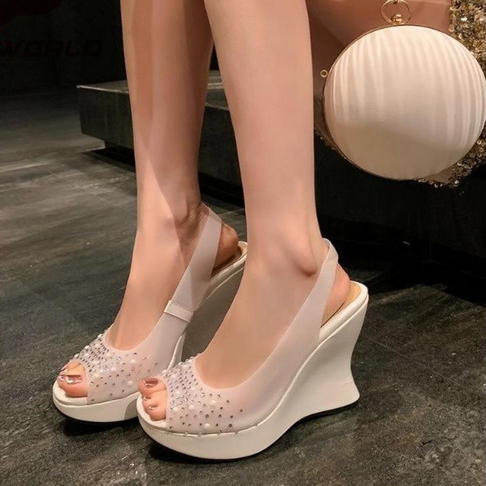 Fashion FHC New Women High Heeled Sandals,Wedges Rhinestone Summer Shoes,Slip on,Peep Toe,Back Hollow Out,White,Size 35-39,Dropship