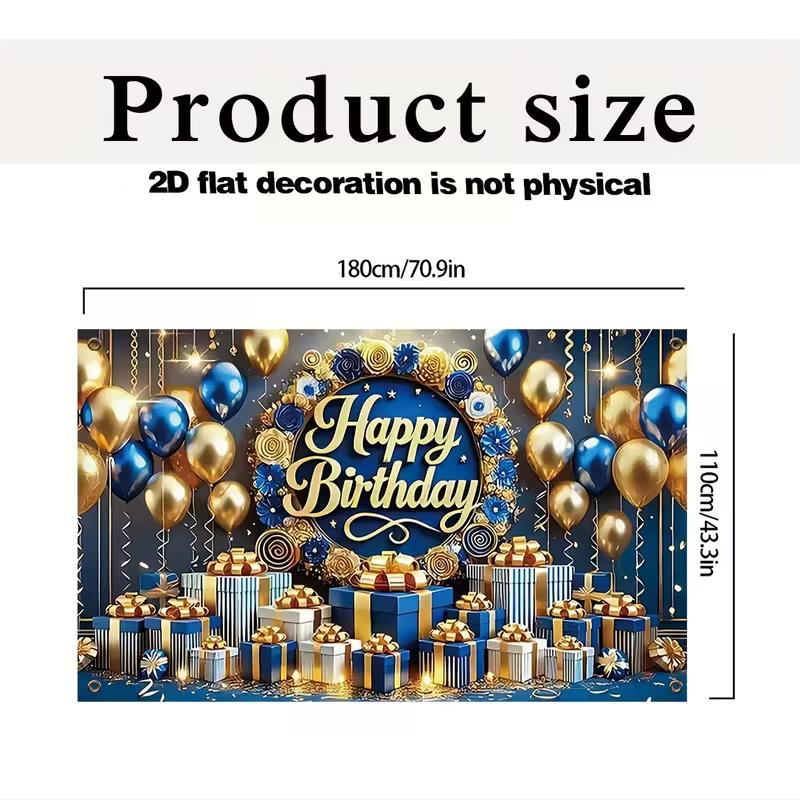 2D Blue Gold Birthday Banner Cloth Balloons and Gift Boxes Party Decoration