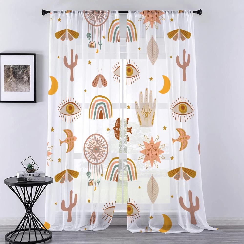 Bohemian Sun Moon Star Dreamcatcher Rainbow Translucent Voile Drape for Living Room Decor Leaves Cactus Kitchen Window Opening Tulle Drape