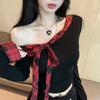 Women's Asymmetric Off Shoulder Crop Top Red Plaid Tie Detail Long Sleeve Slim Fit T-shirt