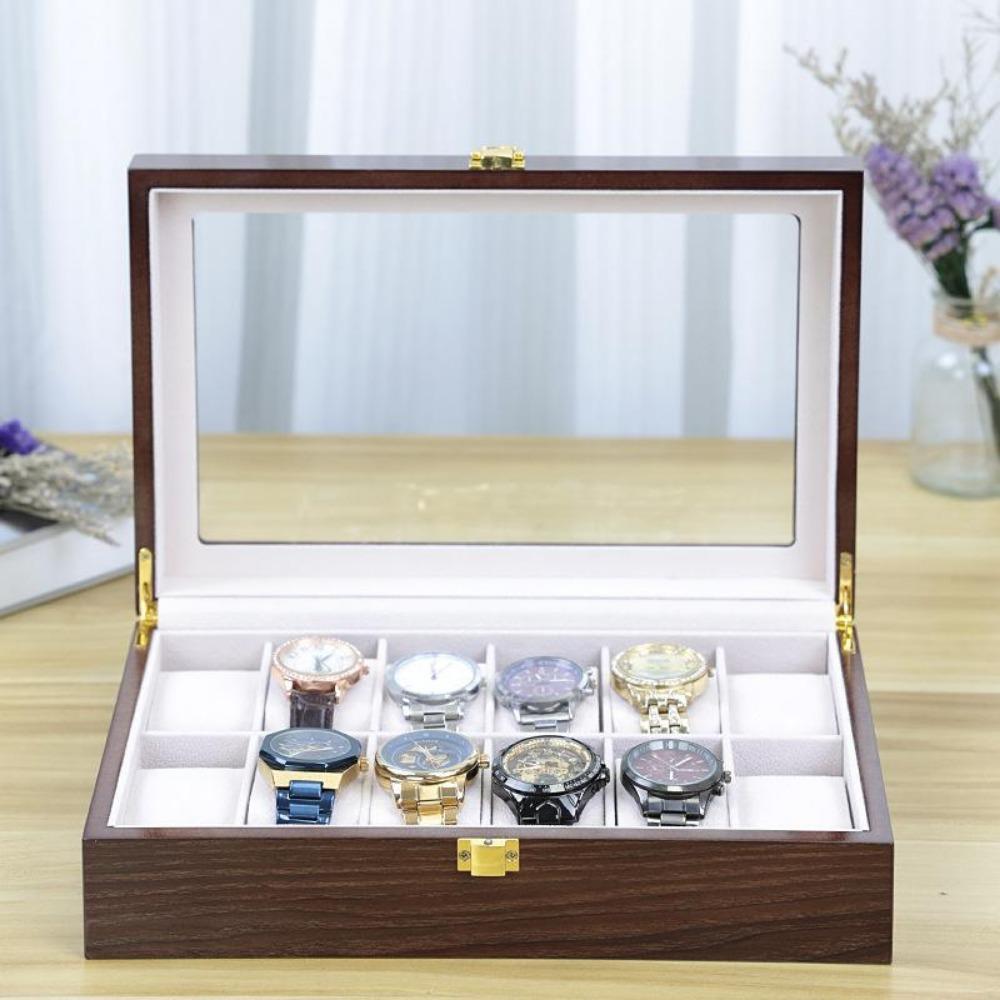 Watch Box, Wooden Watch Organizer, High-end Watch Storage Box, 10 Slots Display Case with Large Glass Lid, Ideal Gift