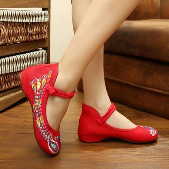 Women's Chinese Old Peking Style Phoenix Flower Embroidered Mary Jane Flat Shoes