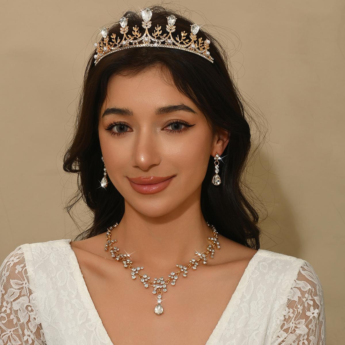 

Ladies Fashion Design Water Drop Geometric Necklace Earrings Crown Zircon Set Wedding Party Festival Gift