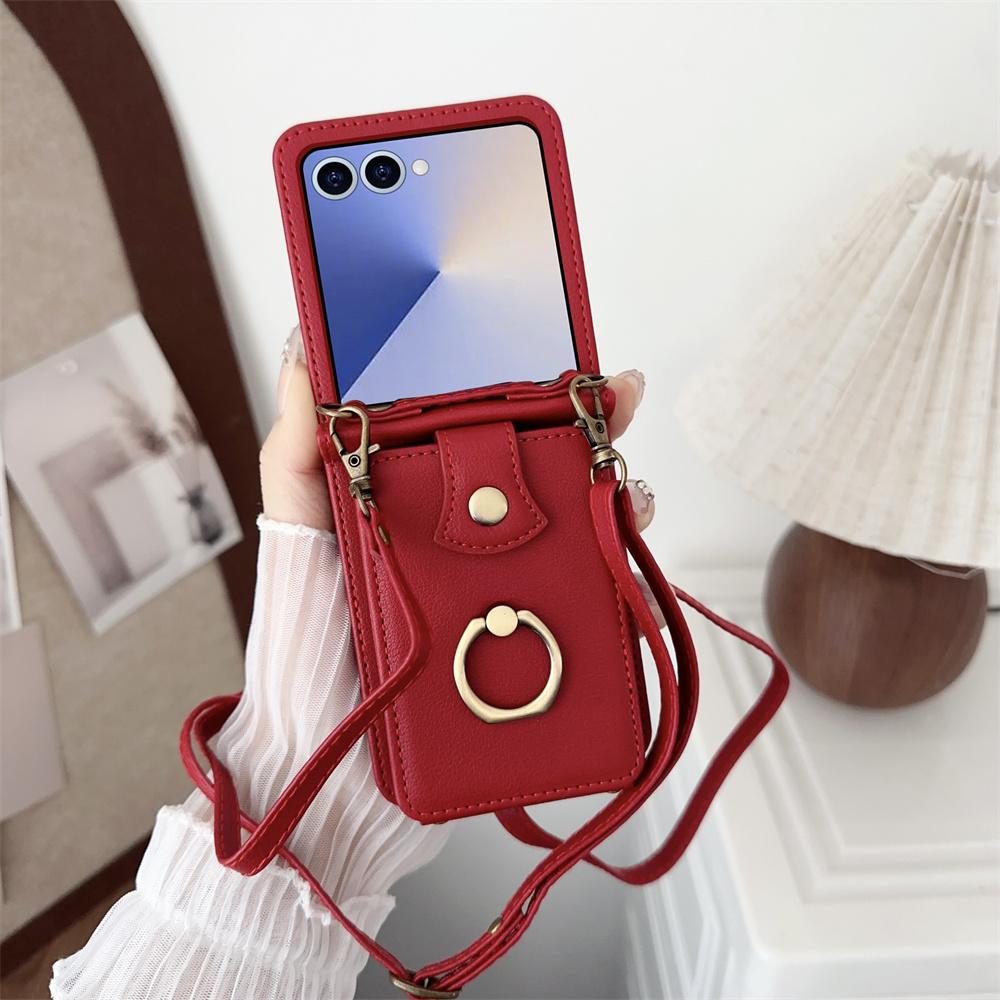Crossbody Leather Finger Ring Holder Cards Solt Wallet Phone Case for Samsung Galaxy Z Flip 7 6 5 4 3 Flip7 FE Protective Cover