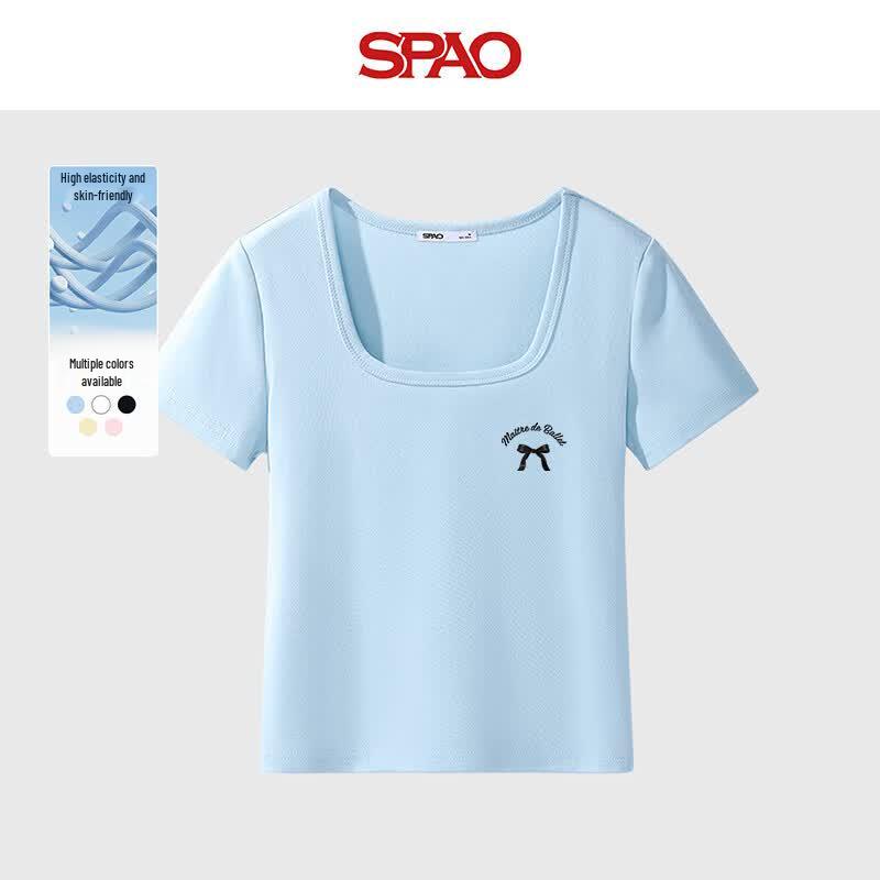 SPAO Korean Style Square Neck Ribbed Crop Top with Bow L