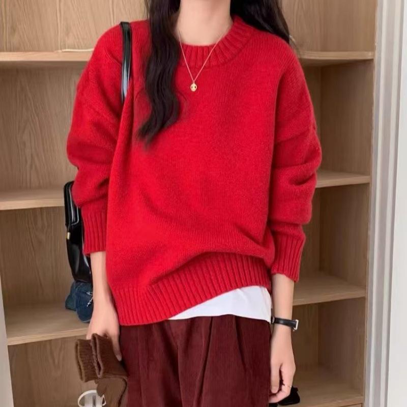 2024 Red Cashmere Knit Round Neck Sweater - Women's Warm Autumn/Winter Versatile Base Layer