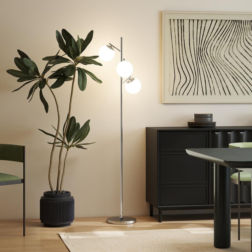 3-Light Tree Floor Lamps for Living Room, Modern Standing Lamp for Bedroom with Globe Lampshade, 3000K/4000K/6000K Colour Temperatures, Steel Base