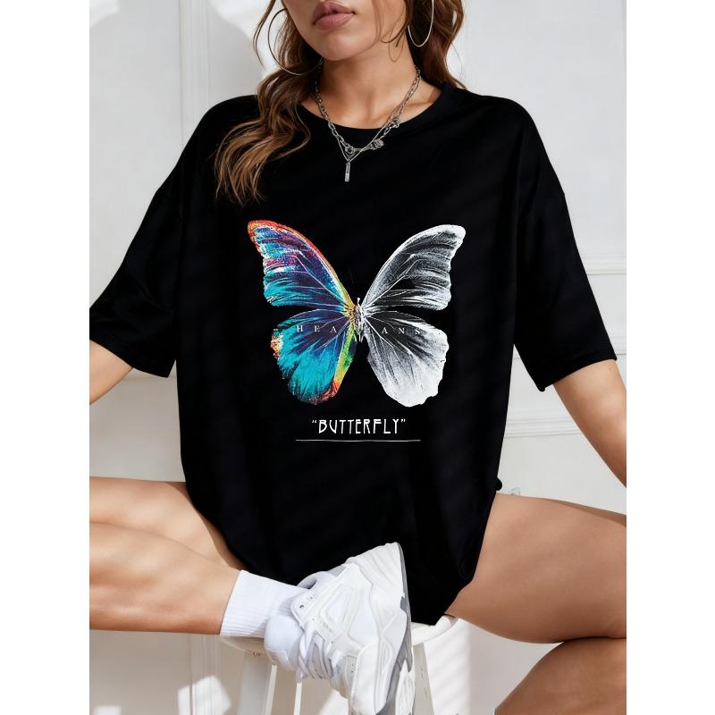 Übergroßes T-Shirt mit Schmetterlingsdruck Weiß Buntes Schmetterlings- und Textdesign Lässige Alltagskleidung