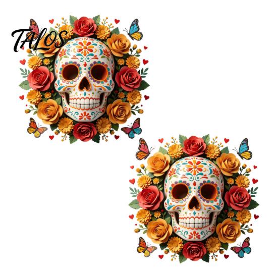 Halloween Skull Window Clings Day of The Dead Flower Static Sticker, Colorful Mexican Floral Glass Indoor Outdoor Festive Art Decal, Waterproof