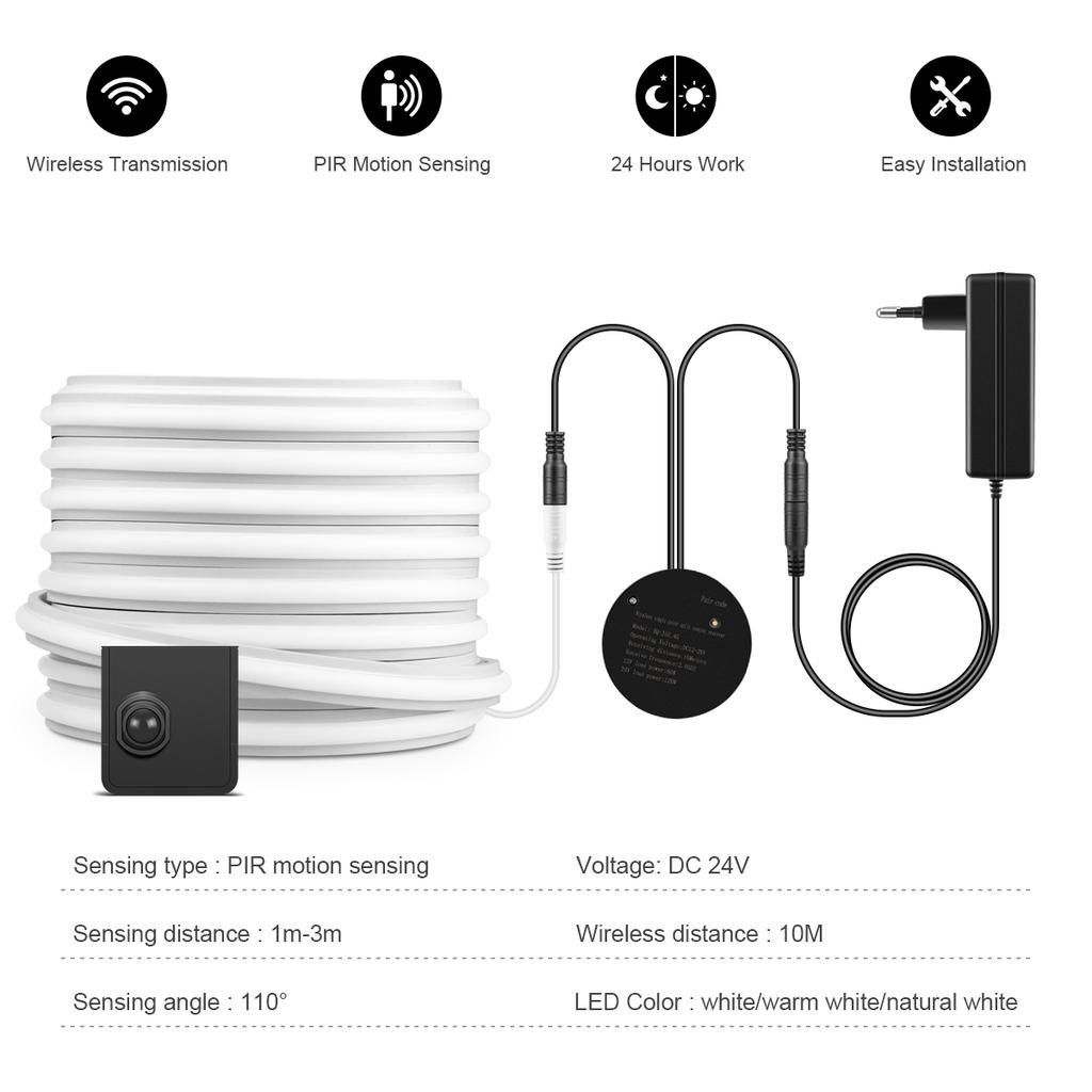 Tira de Luz Nocturna Inteligente para Pasillo de Escalera de Entrada 24V Silicona Sólida COB LED Cinta de Neón Instalar en Cualquier Lugar Sensor de Movimiento PIR Portátil