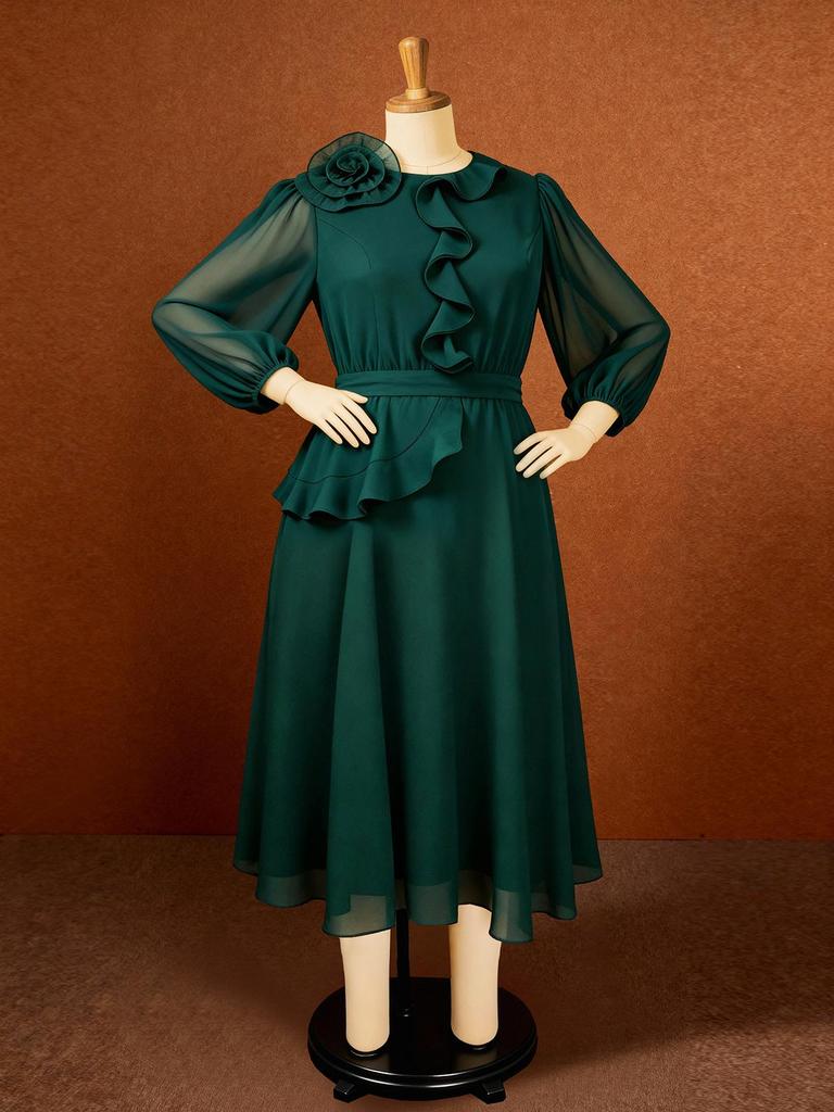 Plus Size Women's Elegant Floral Chiffon Gown with Ruffled Waist and Long Sleeves