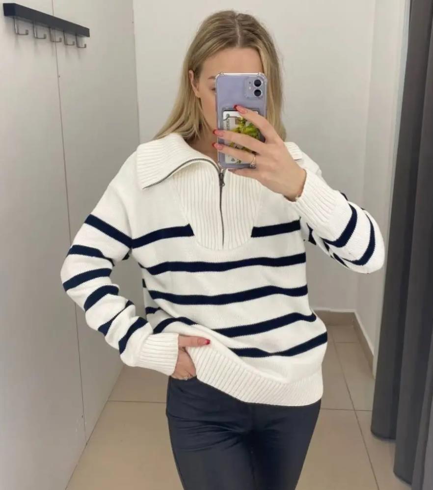 New Women's Sweater Women's Autumn and Winter College Style Outside Wear Striped Knitted Sweater Half Zipper Pullover