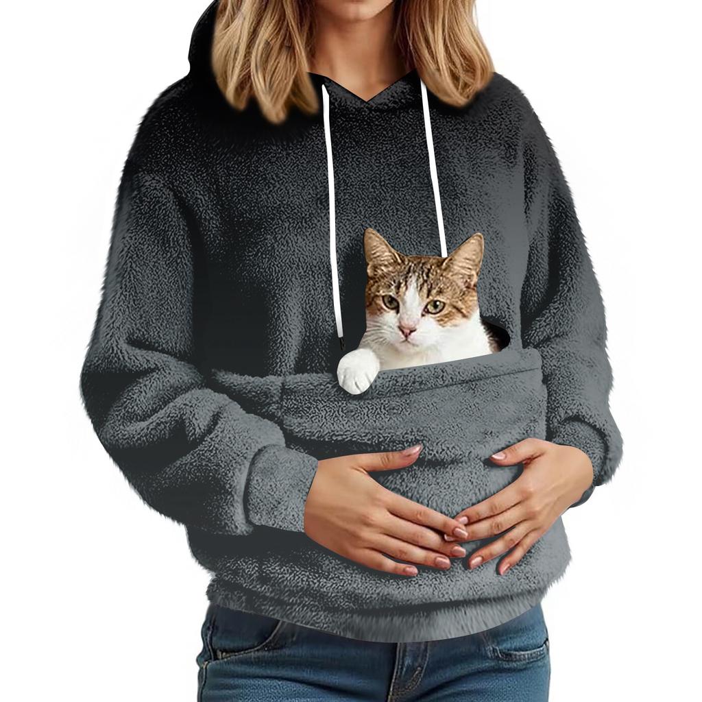 Damen Modisches Lässiges Fleecegefüttertes Langarm-Taschen-Kapuzen-Sweatshirt mit Aufdruck