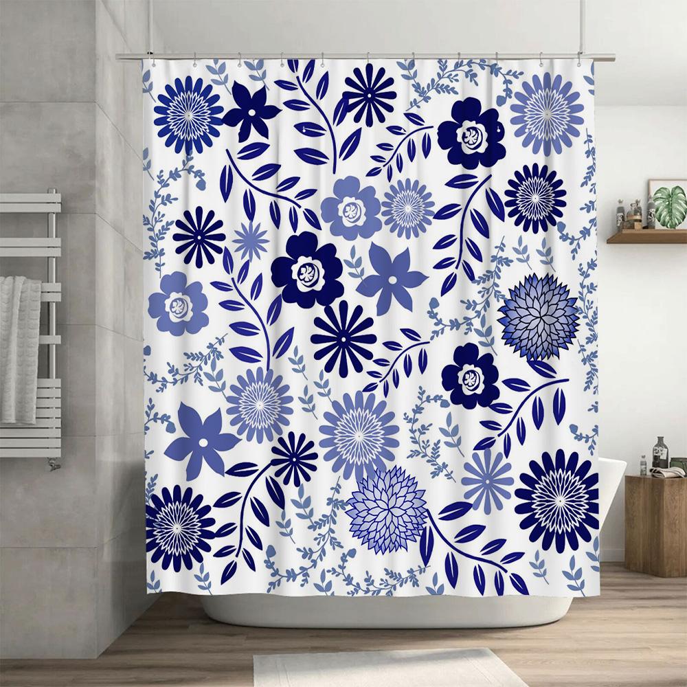 Elegant Blue Floral Shower Curtain Waterproof Bathroom Decor Polyester Shower Drapes Set Bath Linen Home Decoration XL (72x84 in