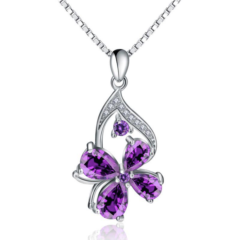 Halskette mit vierblättrigem Kleeblatt und Amethyst, 925er Silber, kurzer Schlüsselbeinkettenanhänger für Damen