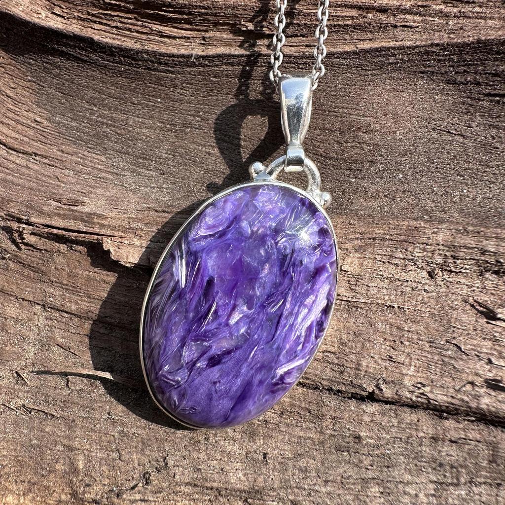 Natural Charoite Gemstone Pendant Necklace in 925 Sterling Silver,