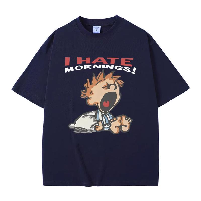 Ich hasse Morgen T-Shirt Unisex Damen Mode Lustig Retro Cartoon T-Shirts Unisexs Lässig Baumwolle Kurzarm T-Shirts Streetwear