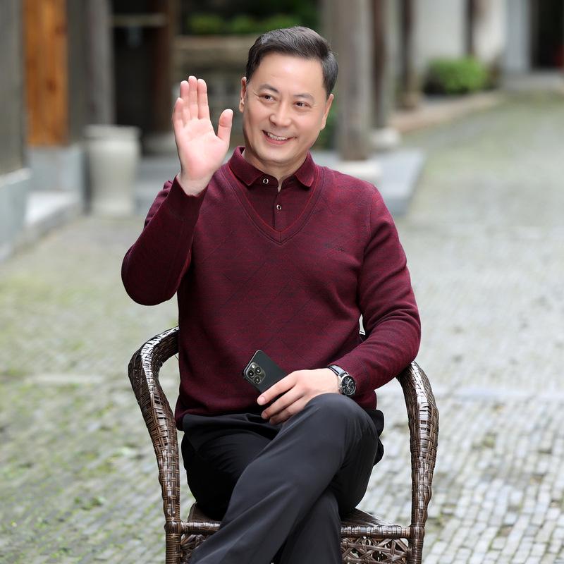 Men s Winter Velvet Knit Faux Two-Piece Pullover Sweater M бордовый