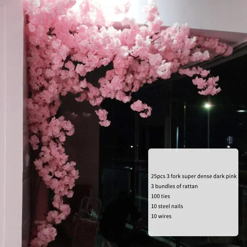 Artificial Cherry Tree Rattan Flower, Silk Wedding Background, Wall Decoration Flower, Home Decoration