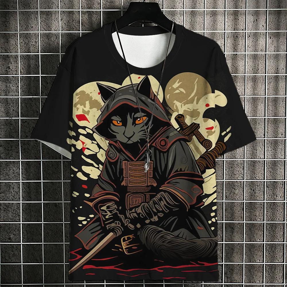 Cartoon Cat Men's T-Shirt Japanese Style Ukiyo-e Cat Printing T-Shirts Casual Loose Short Sleeve Tee Oversized Men Clothing Tops