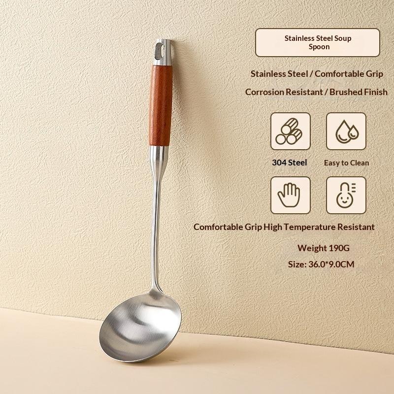 Stainless Steel Kitchen Utensil Set Heat Resistant Natural Wooden Handles Dishwasher Safe Cooking Tools for New Home Gift