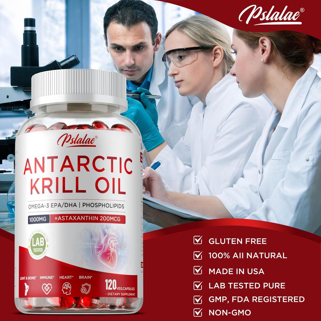 Antarctic Krill Oil Supplement Capsules, Containing Astaxanthin and Phospholipid Extracts, 1000 Mg Per Serving, Suitable for Adults.