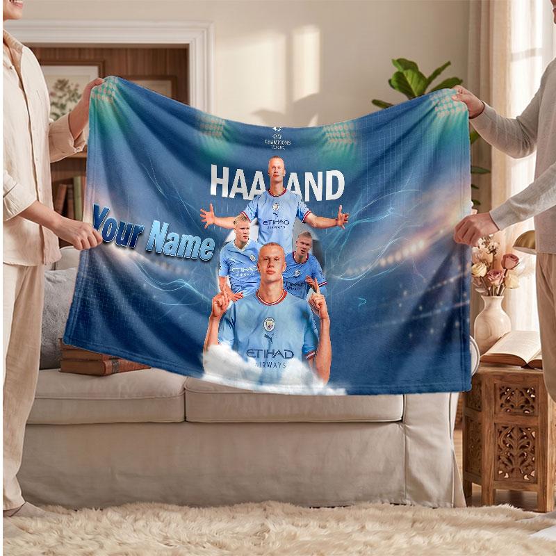 Erling Haaland Personalized Fleece Blanket With Football Logo, Custom Name Text Soft Warm Home Throw Blanket