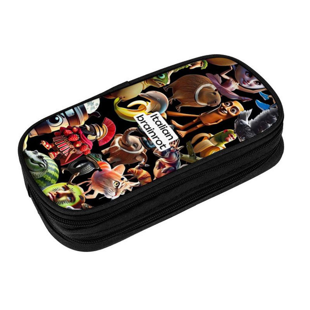 Italian Brainrot Black Multifunctional Double Layered Pen Case For Boy/Girls Best Gift 2D Flat Cartoon Pencil Case For Children