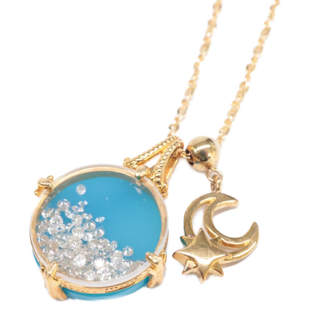 K18 Junko Ishigaki QVC Mille Chante Diamond Turkey Stone Pendant Top & Moon Design Necklace Yellow GoldUsed