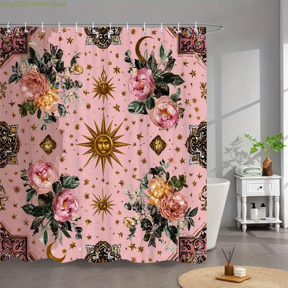 1pc Bohemian Floral & Botanical Shower Curtain with 12 Hooks - Pink Bath Curtain, Machine Washable, Full Coverage for bathtub,