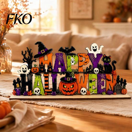 Indoor Halloween Party Accents Happy Wooden Sign Ornaments with Pumpkin Ghost And Bat Elements for Spooky Table Centerpieces Tiered Tray Decor Autumn