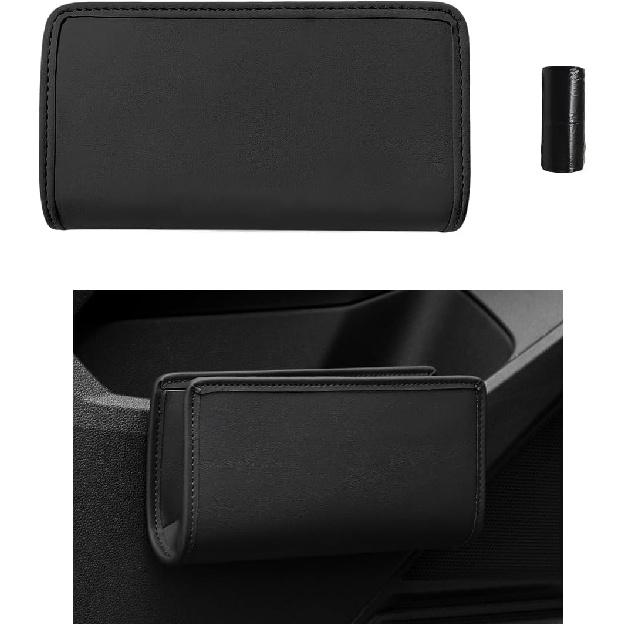 DXNQ Car Trash Can, Leather Foldable Hanging Trash Bag, Multi-Function Mini Storage Box Garbage Can for Car Back Seats and Side Door, Black