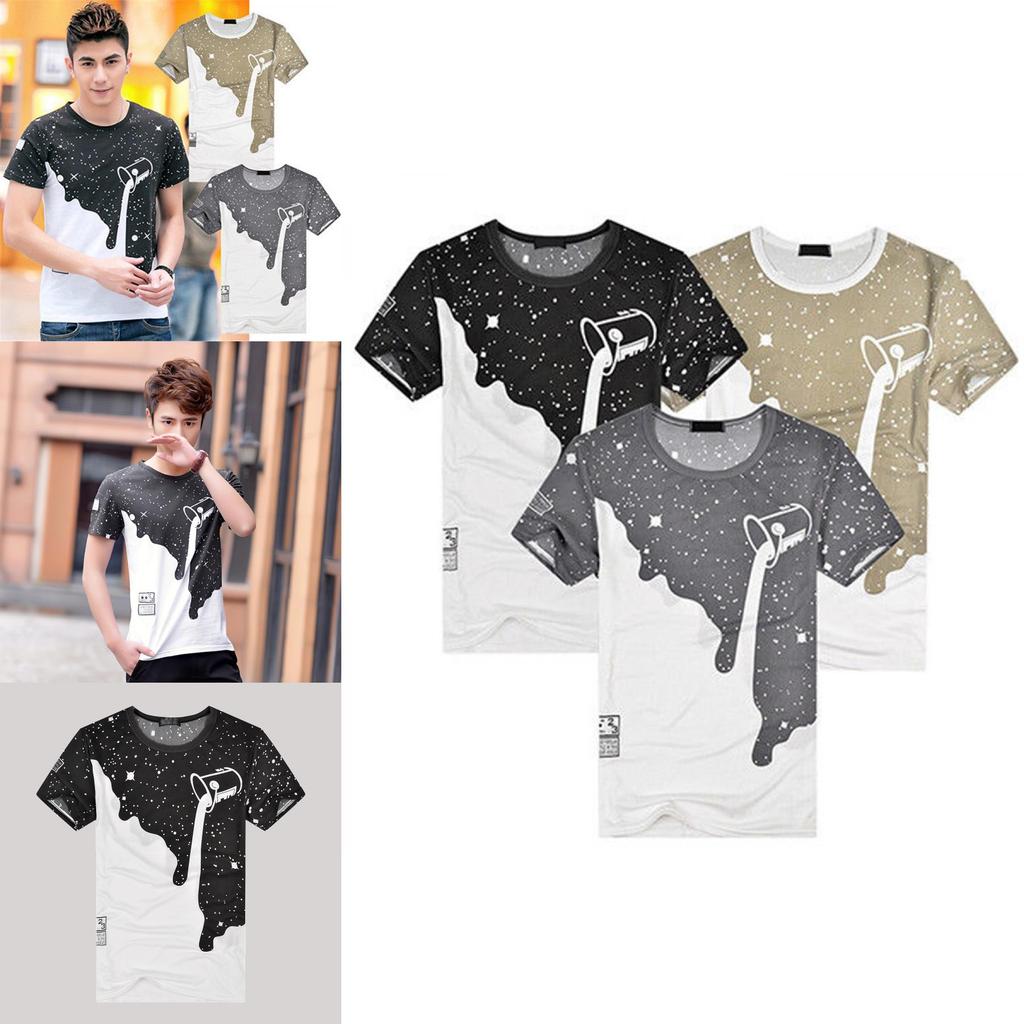 Trendy Mens Fashion Milk Poured Pattern Printed Short Sleeve Round Neck T-shirt